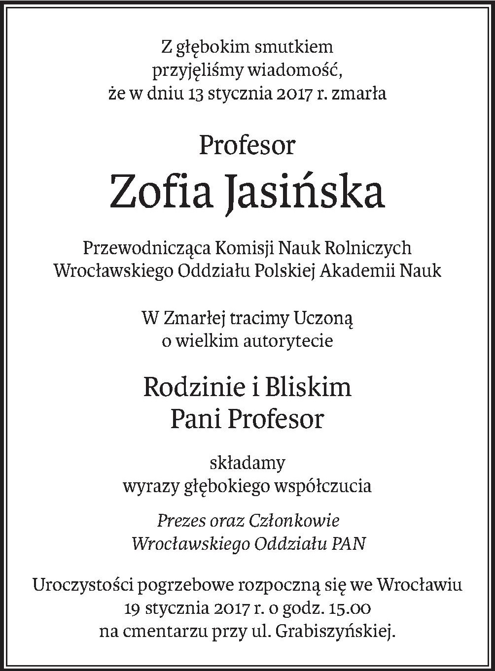 Nekrolog Zofia Jasinska